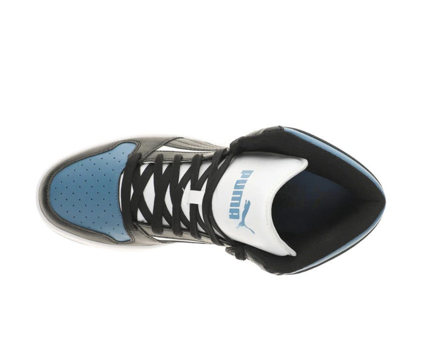 PUMA Men's Size 9.5, Rebound Layup RCL High-Top Athletic Shoes, White/Black/Blue