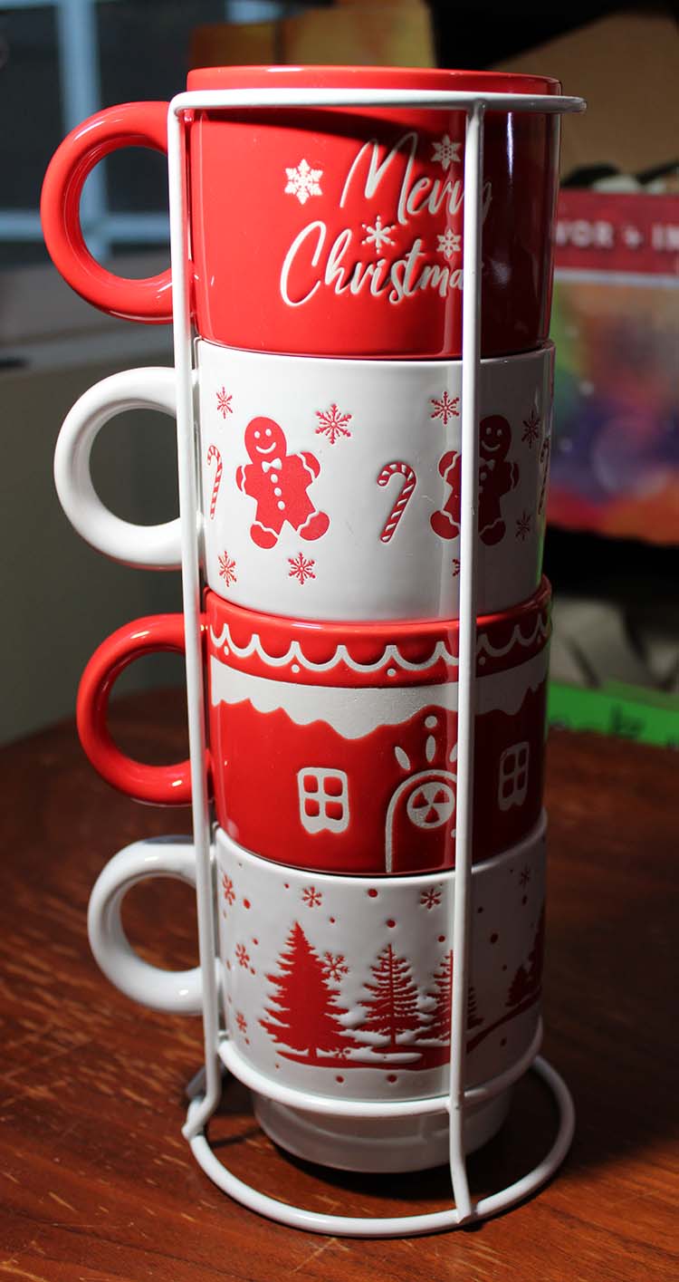 Signature Housewares Holiday Stoneware Mugs 13.5 oz. with Wire Tower, Set of 4
