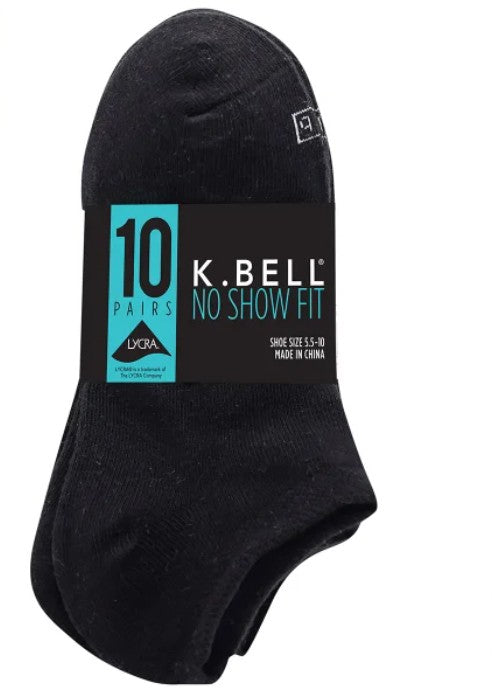 K Bell Women's Shoe Size 5.5-10 No Show Socks, 10-Pair, Black