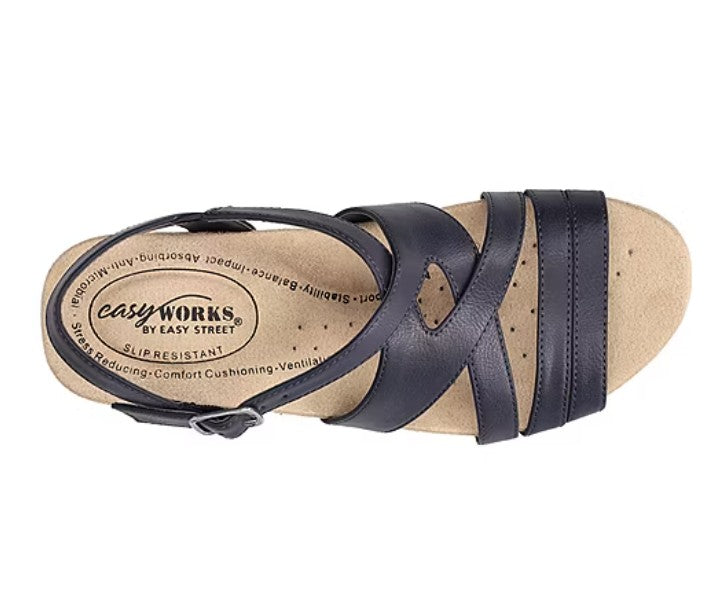 Easy Works by Easy Street Women's 8.5 WW, Rosella Slip-Resistant Sandals, Navy