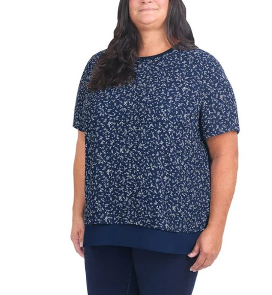Hilary Radley Ladies' Size 2X (20) Short Sleeve Double Layer Blouse, Navy