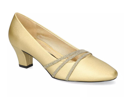 Easy Street Women's Size 7.5, Cristiny Slip-On Pumps Dress Shoes, Gold Satin