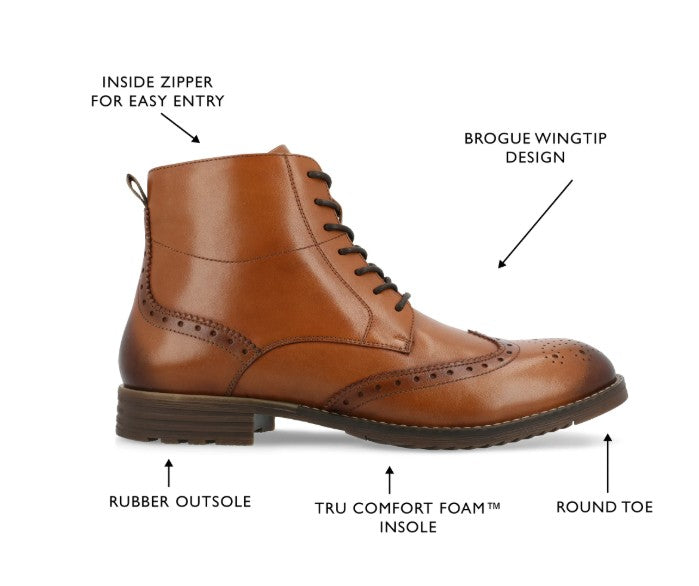 Thomas & Vine Men's Size 8, Edison Leather Wingtip Ankle Boots, Cognac