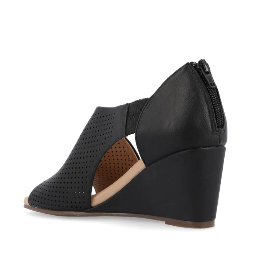 Journee Women's Size 8.5 Wide, Aretha Perforated Peep Toe Wedge Sandals, Black