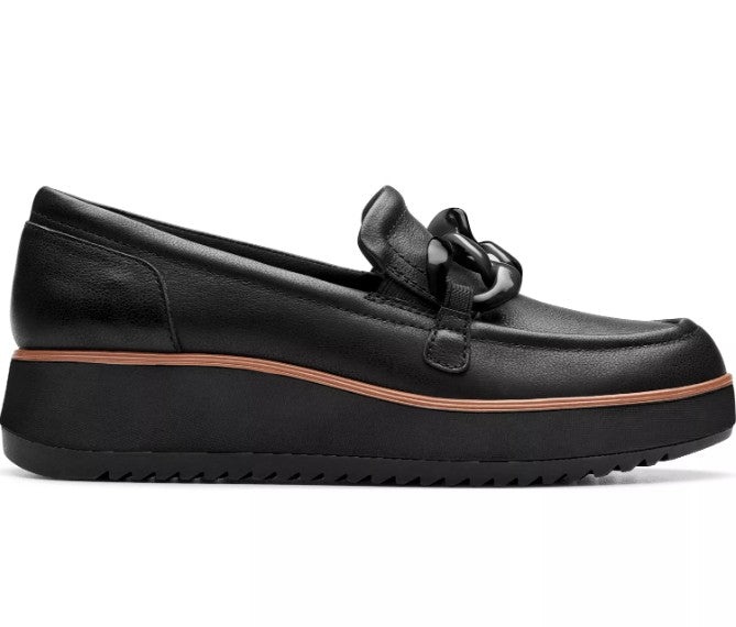 Clarks Women's Size 7 Wide, Zylah May Comfort Shoe Wedge Loafers, Black Leather