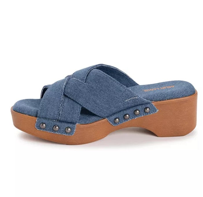 MUK LUKS Women's Size 9, Cadence Criss Cross Slide Sandals, Denim Blue