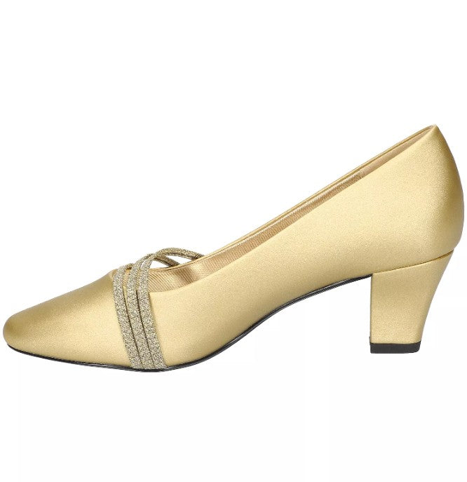 Easy Street Women's Size 7.5, Cristiny Slip-On Pumps Dress Shoes, Gold Satin