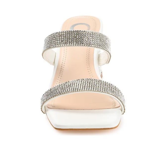 Journee Women's Size 7.5, Shandee Block Heel Dress Sandal, White Rhinestone