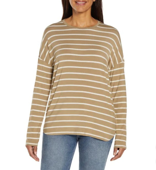 Gap Ladies' Size Medium (8-10) Drop Shoulder Top Long Sleeve Shirt, Tan Stripe