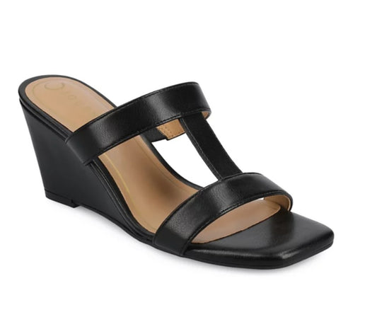 Journee Collection Womens Size 8, Clodie Wedge T-Strap Sandals, Black