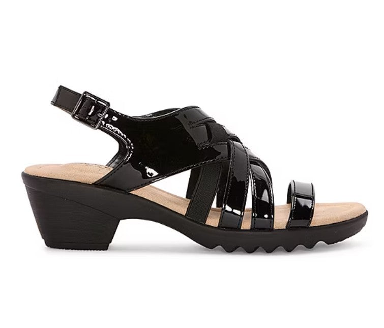 east 5th Women's Size 7.5, Hickery Heeled Criss-Cross Strap Sandals, Black