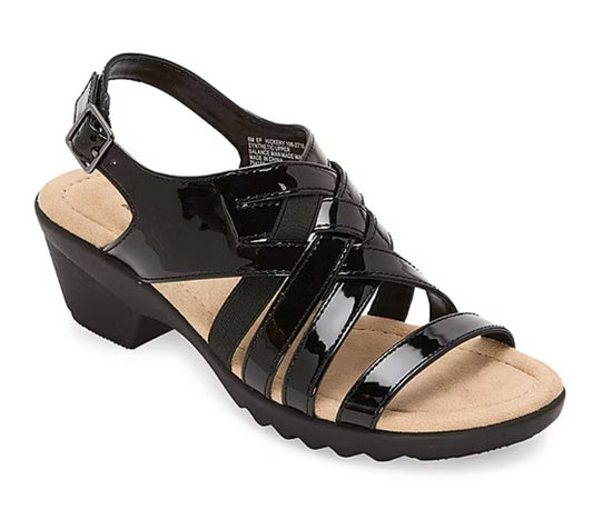 east 5th Women's Size 7.5, Hickery Heeled Criss-Cross Strap Sandals, Black