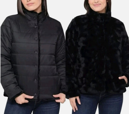 Nicole Miller Ladies' Size XXL (18) Reversible Jacket Faux Fur Puffer, Black