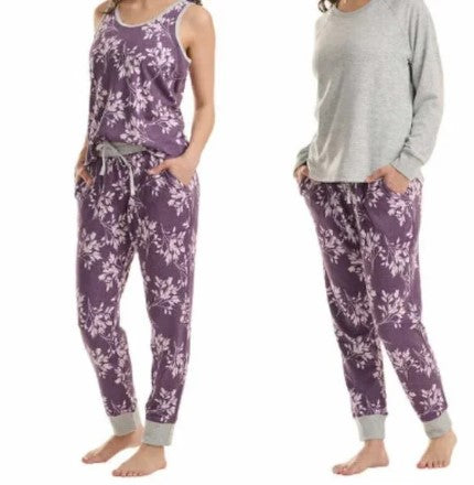 Live Love Lounge Ladies' Medium (8-10), 3-Pc Set PJs, Gray / Plum Floral