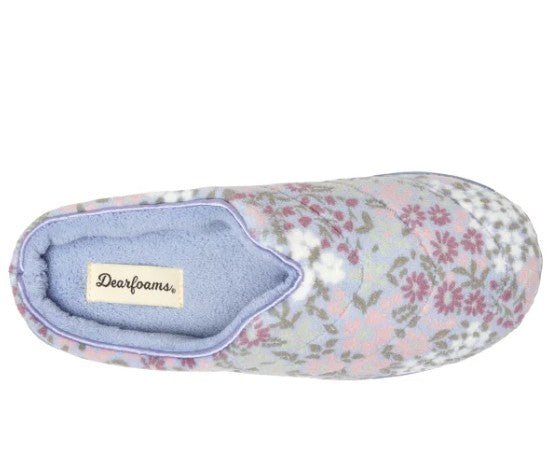 Dearfoams Women's Size Medium (7/8) Indoor/Outdoor Slippers, Blue Floral