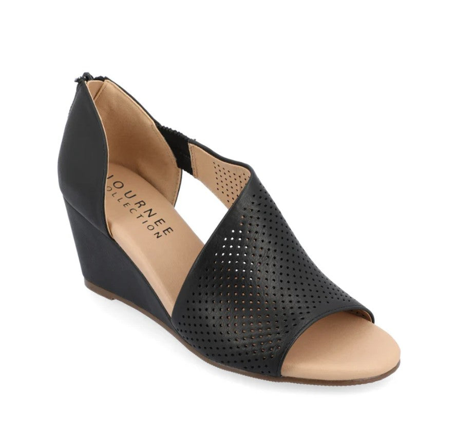 Journee Women's Size 8.5 Wide, Aretha Perforated Peep Toe Wedge Sandals, Black