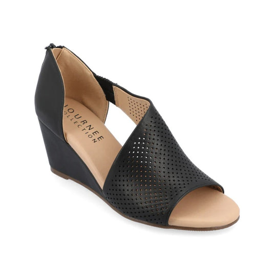 Journee Women's Size 8.5 Wide, Aretha Perforated Peep Toe Wedge Sandals, Black