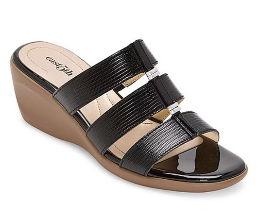 east 5th Women's Size 7.5 Wide, Evergreen Heeled T-Strap Sandals, Black (NO BOX)