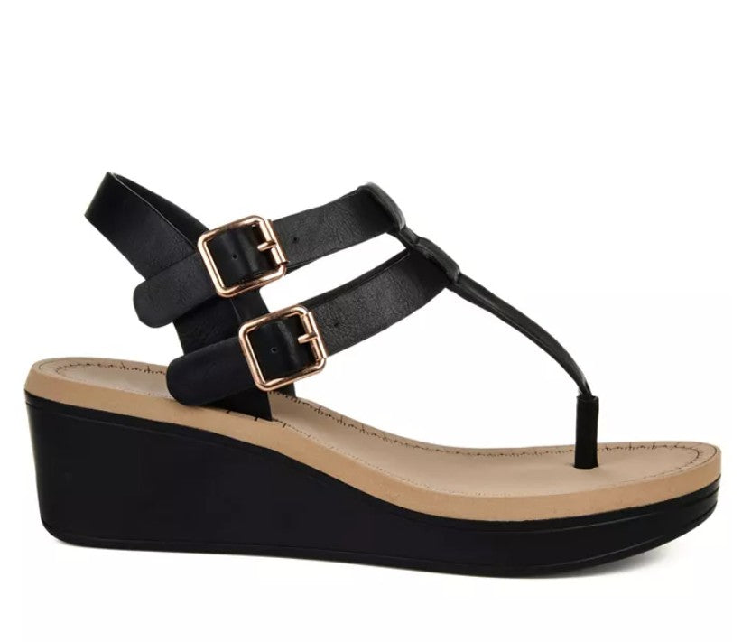 Journee Women's Size 6, Bianca Double Buckle Platform Wedge Sandals, Black