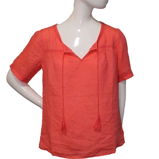 Lands' End Women Size 6 Petite Short Sleeve Linen Blouse, Fresh Melon