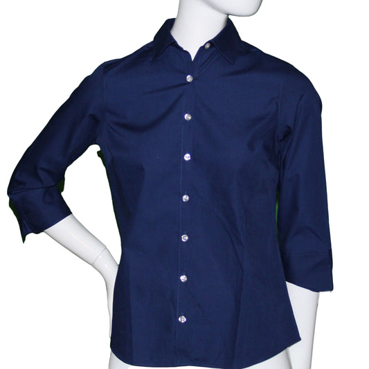 Lands End Women's Size 0 Petite, 3/4 Sleeve Broadcloth Shirt, Dark Sapphire