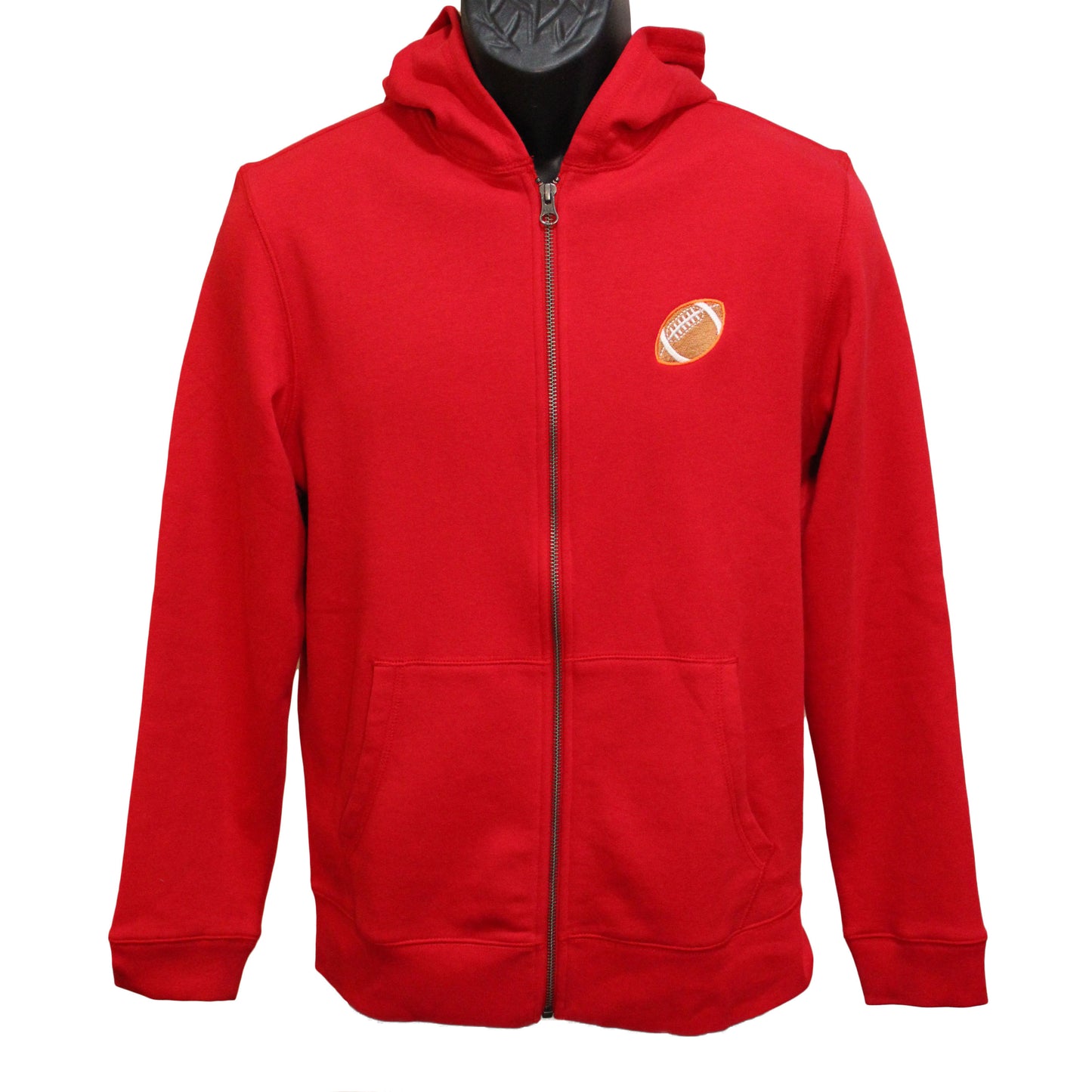 Lands End Full Zip Hoodie, Adult Size Small, Red with Football Patch