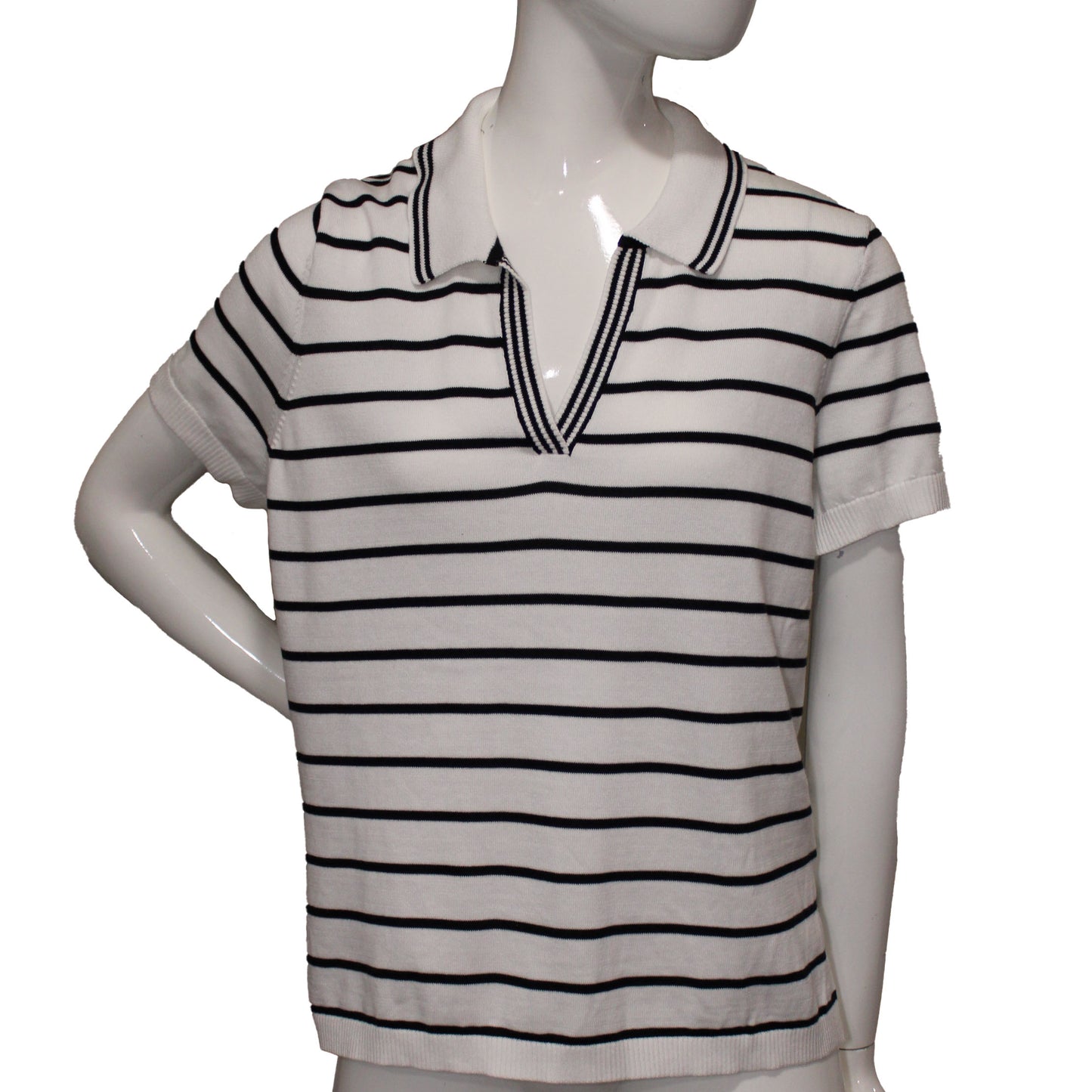 Lands' End Women's XL (18) Petite, Short Sleeve Fine Gauge Supima Polo, Stripe