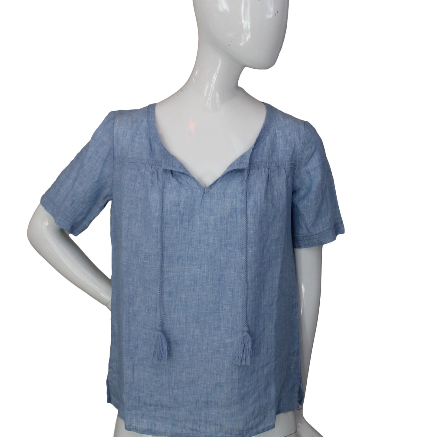 Lands End Women Size 4 Petite Short Sleeve Linen Blouse, China Blue