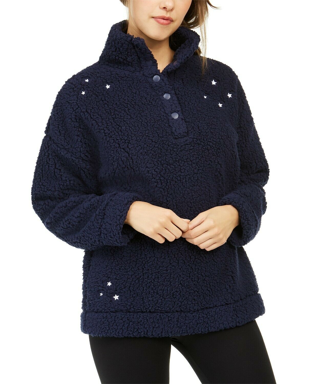 Jenni Intimates Women Size Small Faux Fur Cozy Pullover Lounge, Navy, Stars