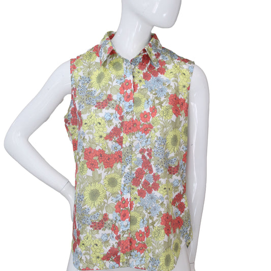 Lands End Women Size 2 Petite Sleeveless Collared Blouse, Gardenia Floral