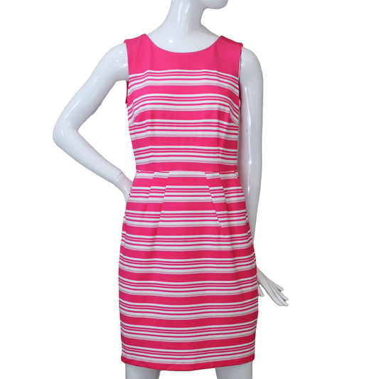 Lands End Women 6 Petite Sleeveless Ponte Sheath Dress, Hot Pink Stripe