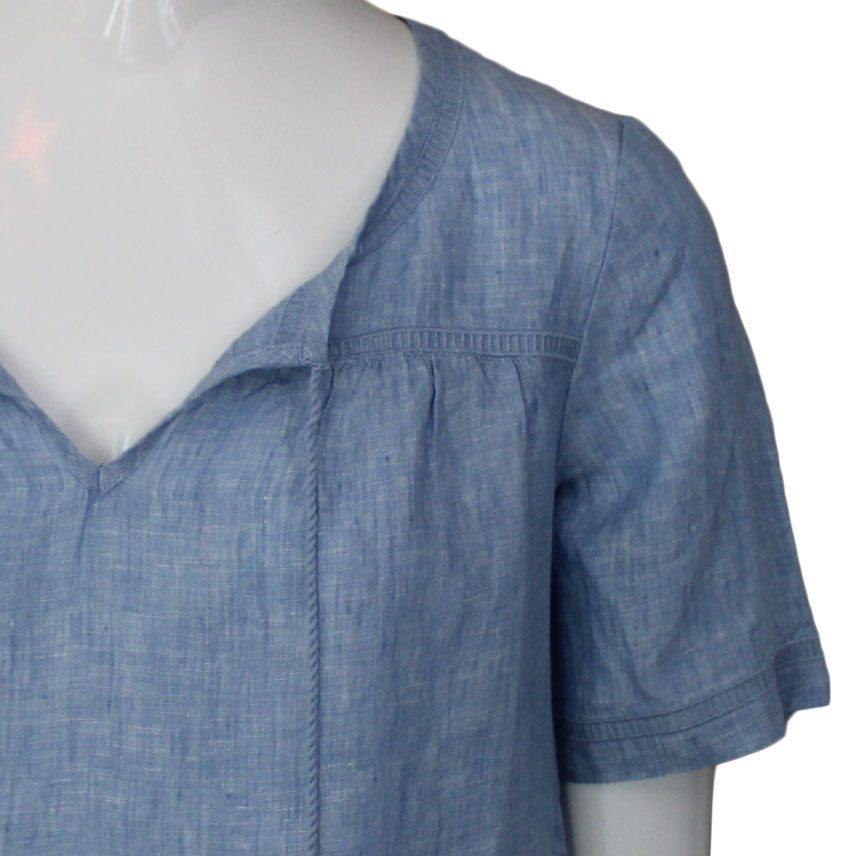 Lands End Women Size 4 Petite Short Sleeve Linen Blouse, China Blue