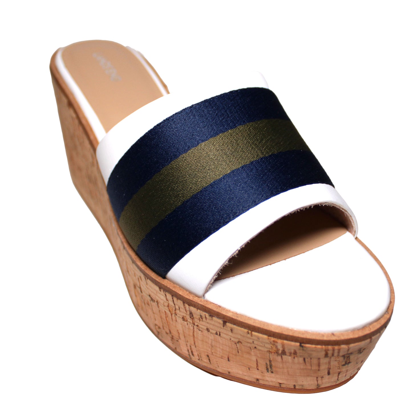 Lands End Platform Cork Wedge Sandal Women's Size 7, White-Blue-Olive Stripe