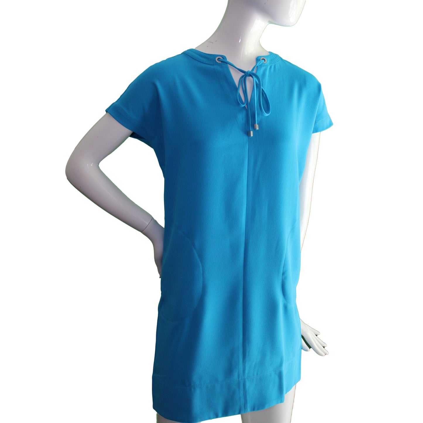 Lands End Women Size 0 Petite, Short Sleeve Slit Neck Woven Tee Dress, Cyan Blue