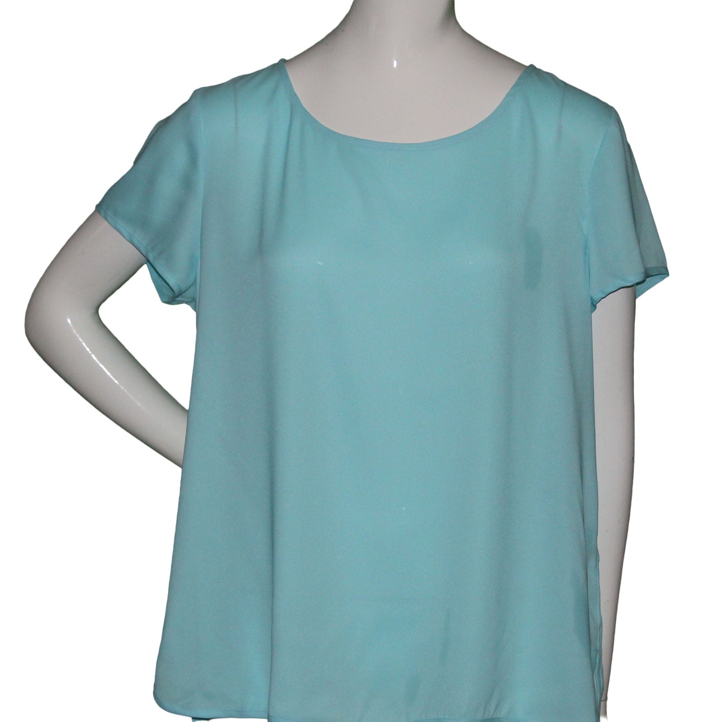 Lands End Women Size 14 Petite, Short Sleeve Crepe Tee Shirt Blouse, Aqua Shell