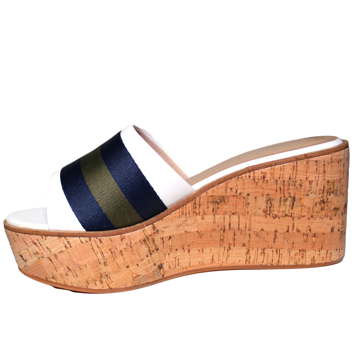 Lands End Platform Cork Wedge Sandal Women's Size 7, White-Blue-Olive Stripe