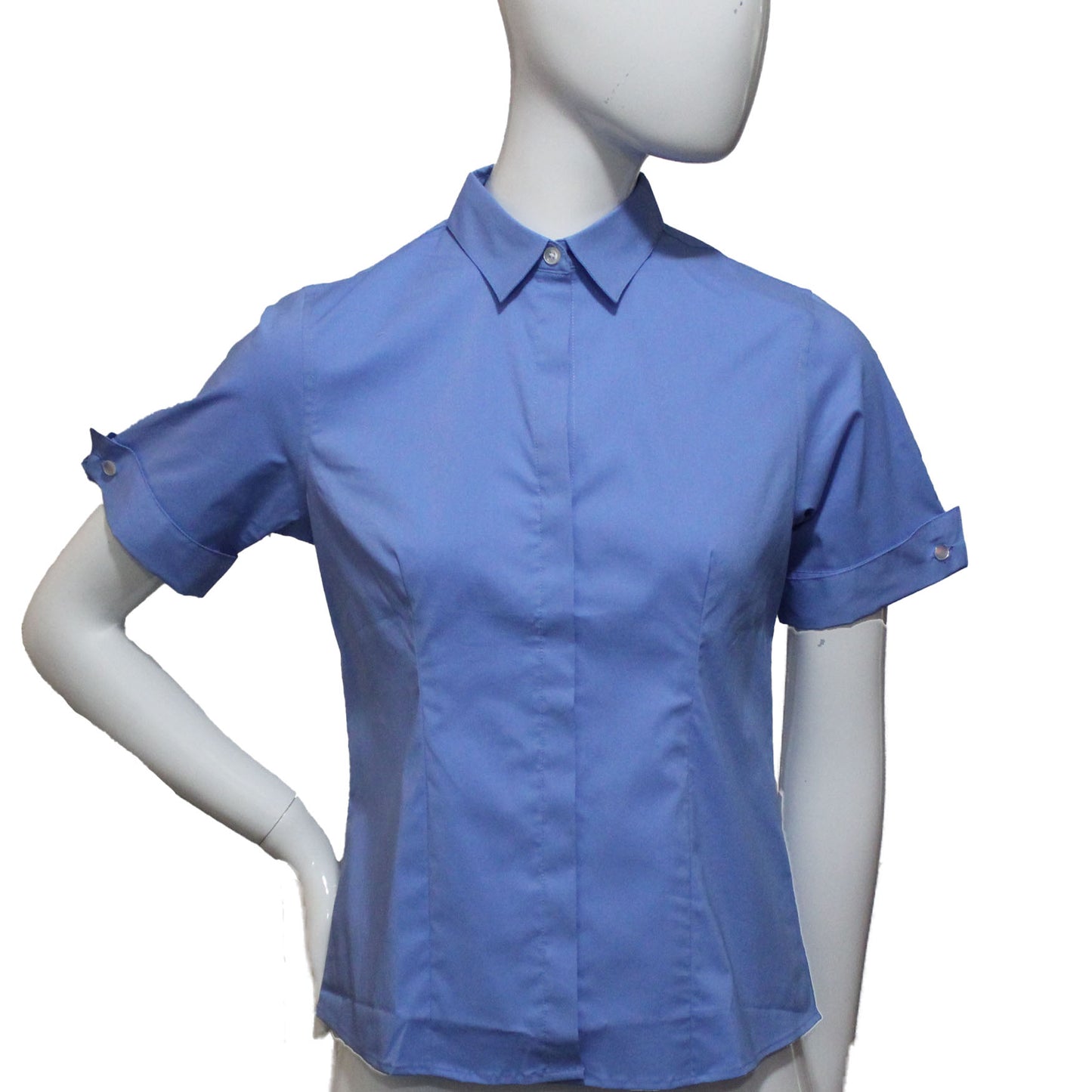 Lands' End Women Size 4 Petite French Cuff Short Sleeve Blouse, China Blue