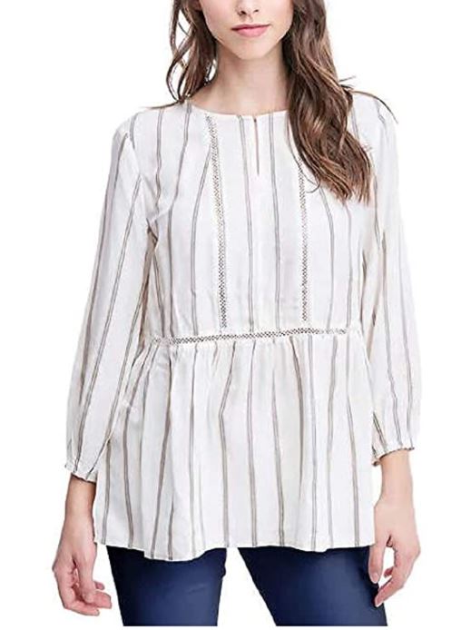 Fever Ladies' 3/4 Sleeve Blouse (Tan/Ivory Trick, XS)