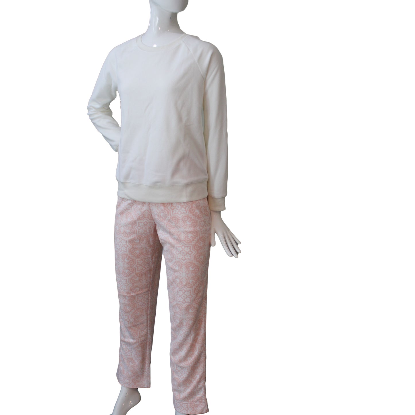 Lands End Women's Large Long Sleeve Fleece Sleep Set Cameo Pink Mosaic NWOT