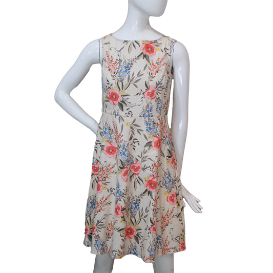 Lands End Women 4 Petite Sleeveless Linen Aline Dress, Oatmeal Floral