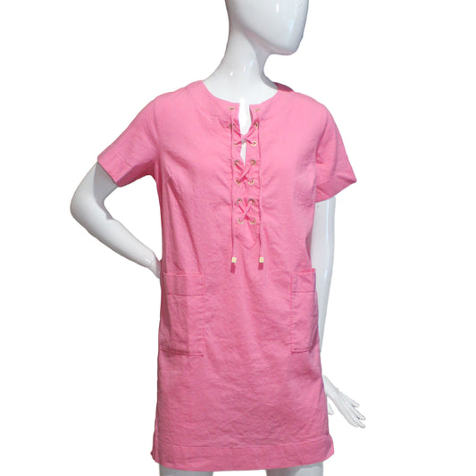 Lands End Women's Size 0 Petite Short Sleeve Woven Lace Top Tunic Dress, Pink