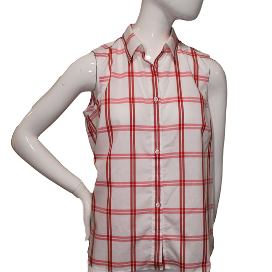 Lands' End Women Size 8 Petite, Sleeveless Collared Dress Shirt, Pink Plaid