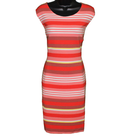 Lands End Women Size 0 Petite, Sleeveless Ponte Sheath Dress, Coral Stripes