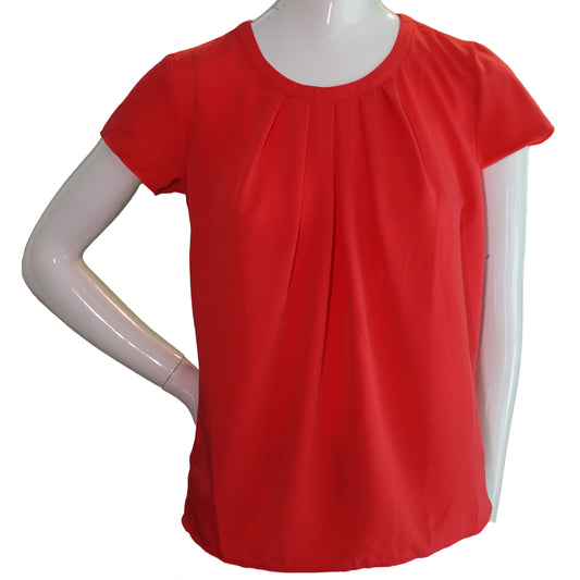 Lands End Women, Size 00 Petite Short Sleeve Pleated Blouse, Crimson Dawn Red