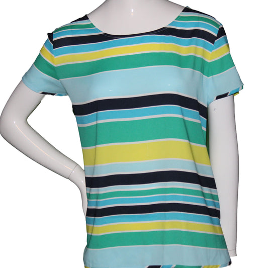 Lands End Women Size 16 Petite, Short Sleeve Crepe Print Tee, Aqua Multi Stripe