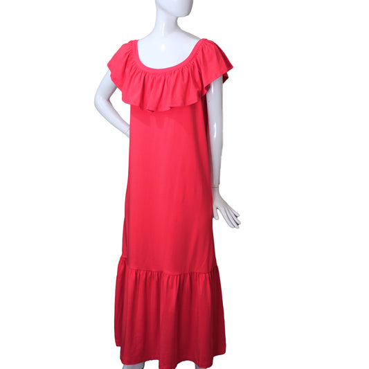 Lands End Size XXS 00-0 Petite Knit Flounced Maxi Dress, Bold Coral