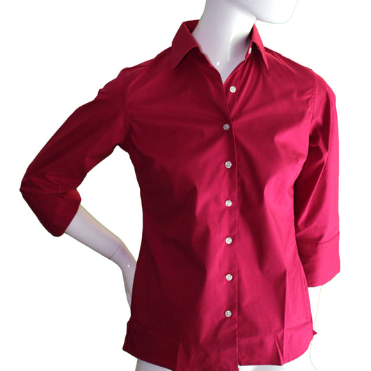 Lands End Women Size 00 Petite, 3/4 Sleeve Stretch Broadcloth Blouse, Crimson