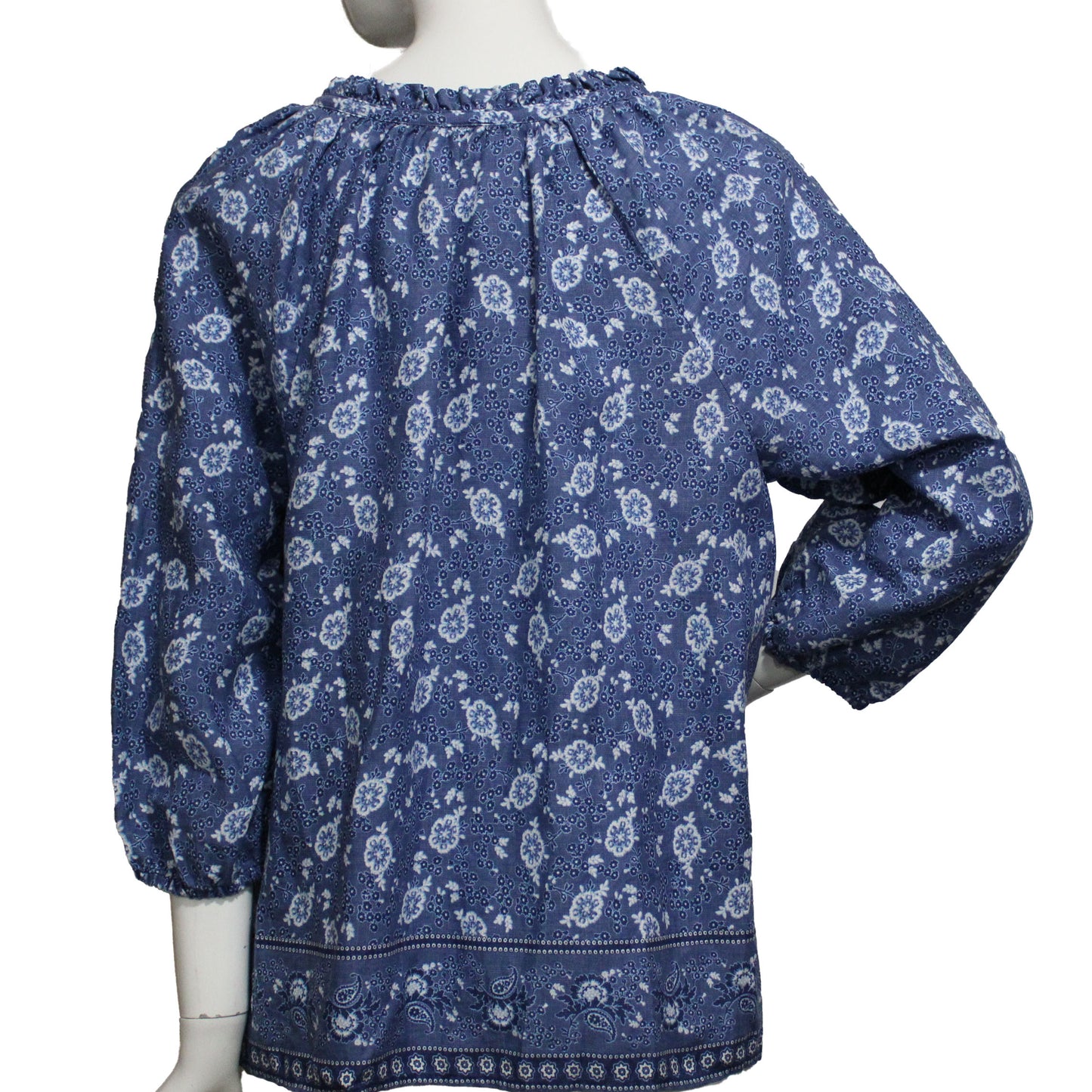 Lands End Women's Medium (10-12) Petite, Linen 3/4 Sleeve Blouse, Blue Floral