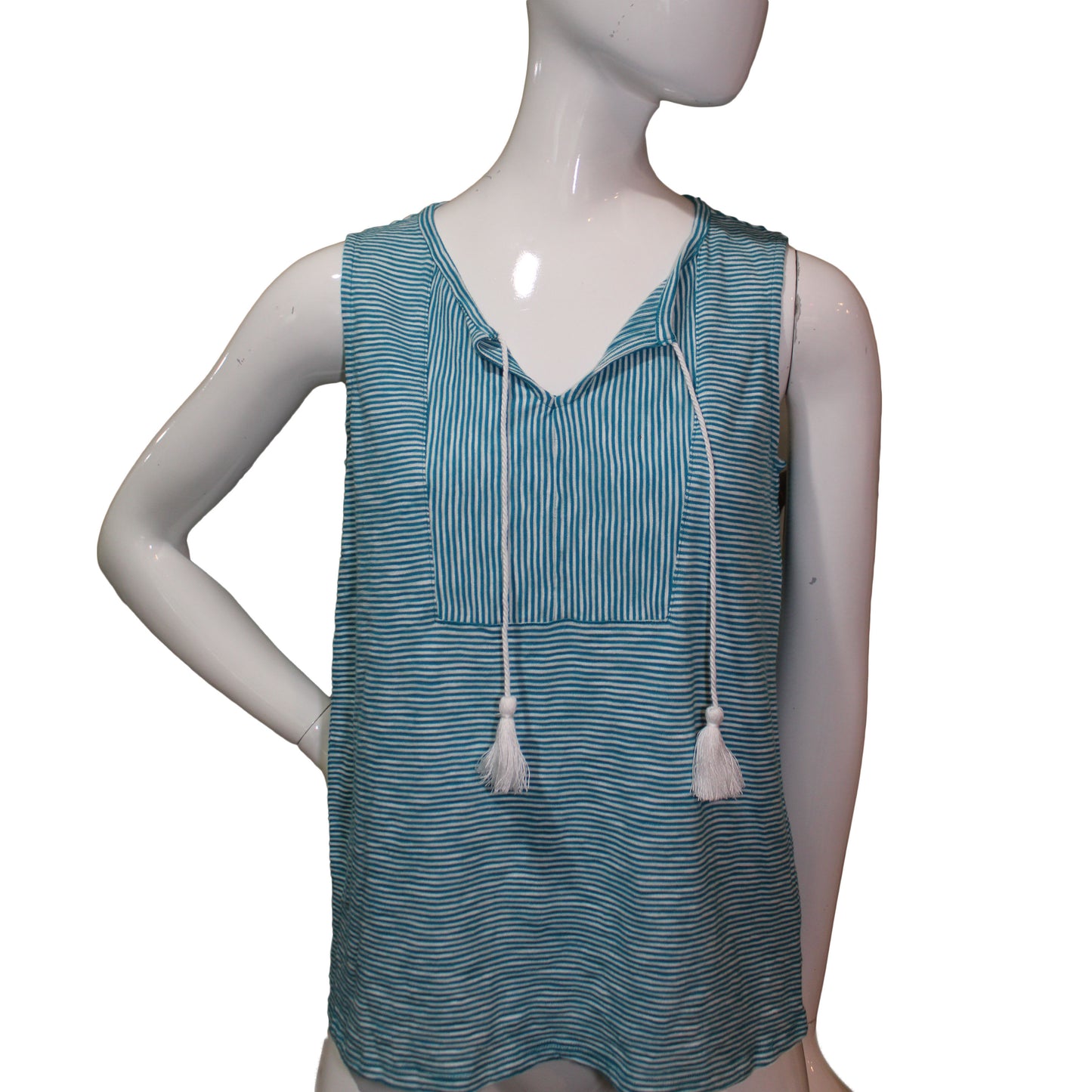 Lands End Women Size Small (6-8) Petite, Sleeveless Front Tie Top, Aqua Stripe