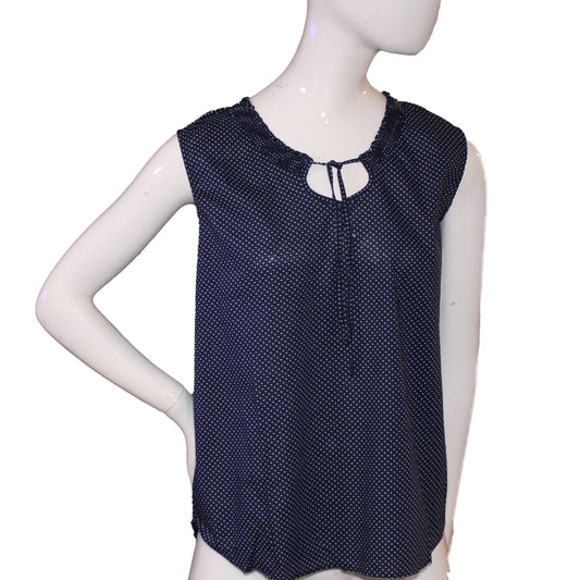 Lands' End Women's Size 14 Petite, Sleeveless Smock Neck Top, Aged Navy Dot